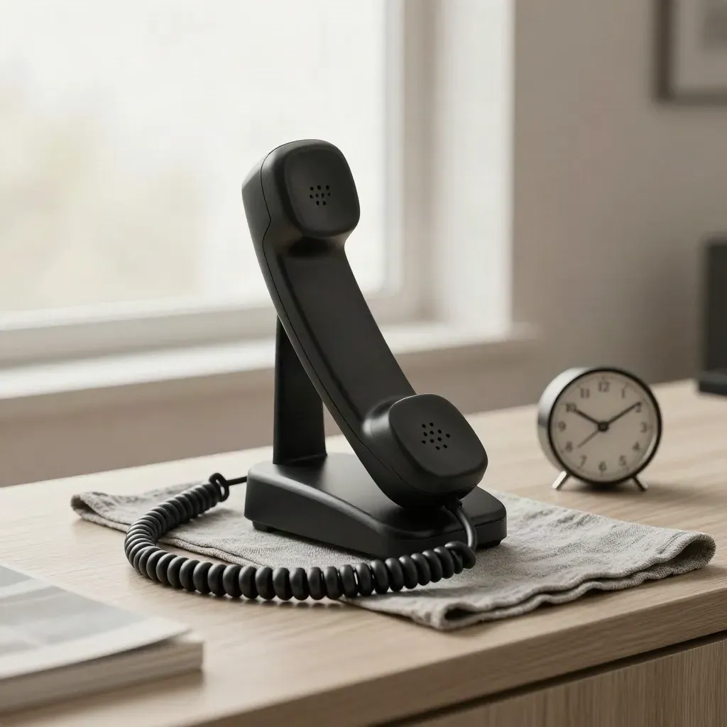 Matte-black phone answering base with handset and clock on an ash-oak counter in soft window light