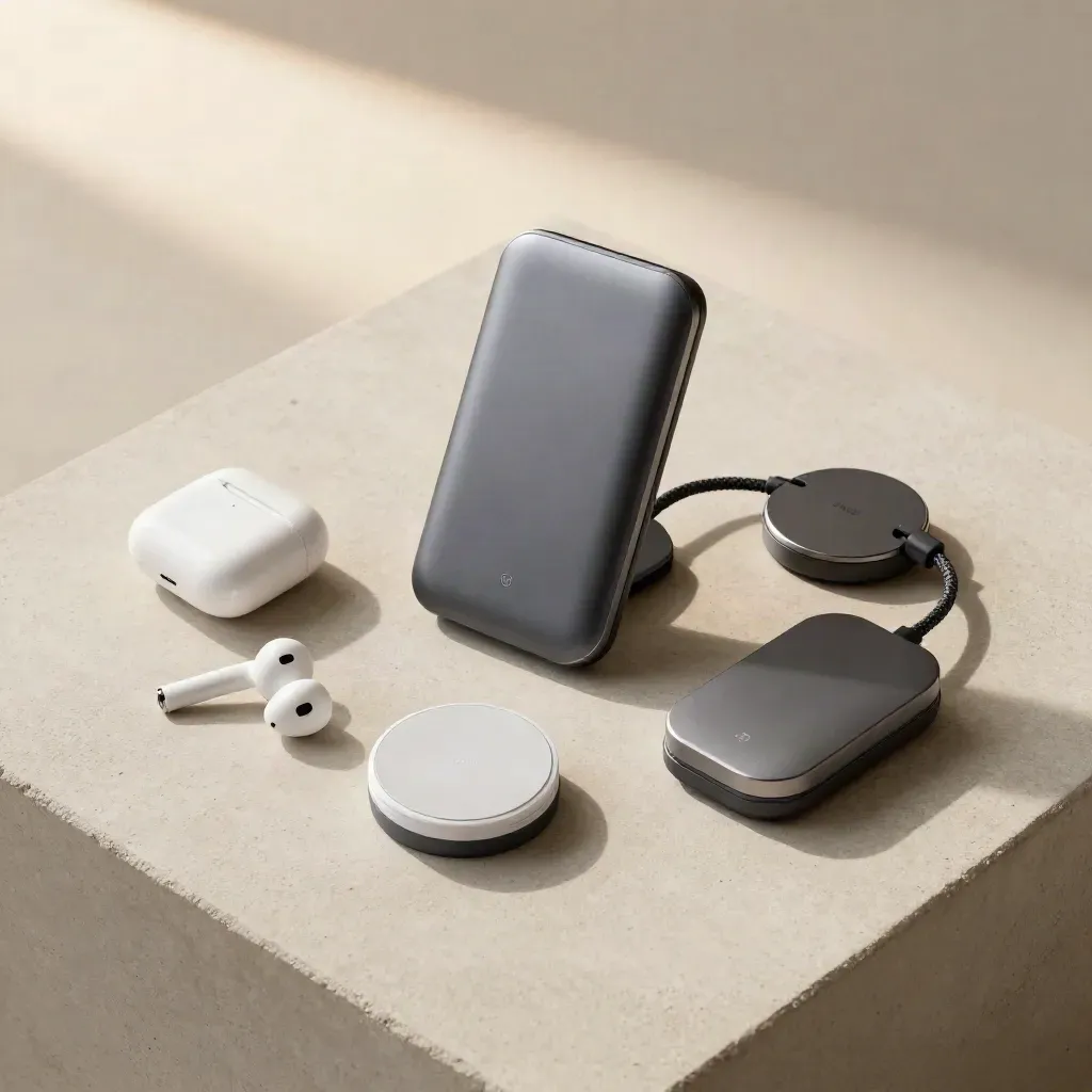 Overhead flat lay of a support kit with terminal, earbud case, and notification puck on pale concrete.