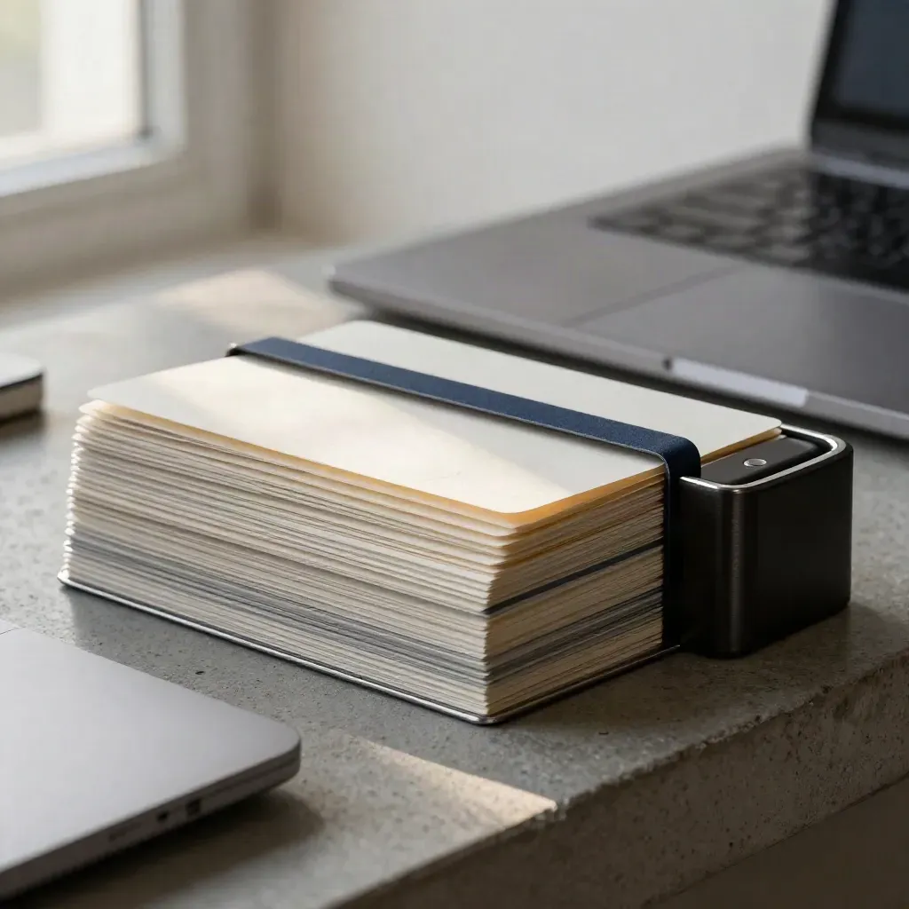 Premium email support tray stack with closed laptop, divider cards, and paperweight in soft studio light.
