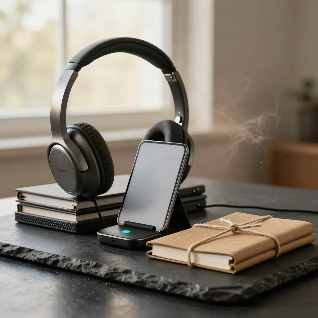 Macro of a support bundle with headset, trays, tablet stand and notebooks on black stone.