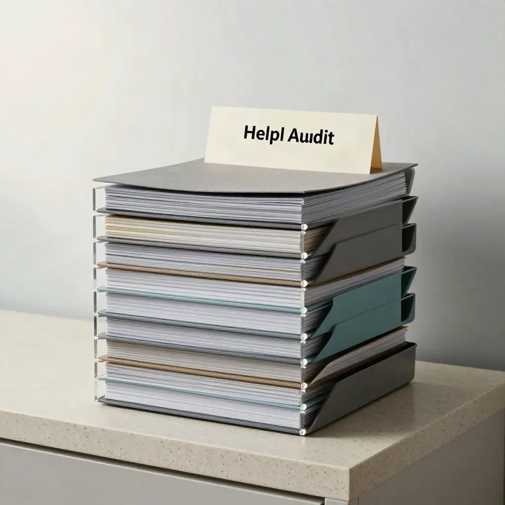 Helpdesk folders and inbox trays stacked on travertine with soft teal accents